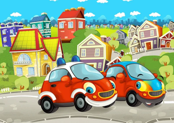 Cartoon Scene Happy Cars Street Going City Illustration Children — Stock Photo, Image