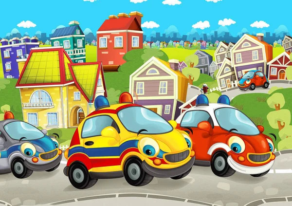 Escena Dibujos Animados Con Coches Felices Calle Que Pasa Por — Foto de Stock