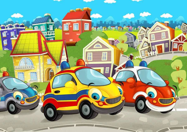 Scena Kreskówki Szczęśliwymi Samochodami Ulicy Przechodzi Przez Miasto Ilustracja Dla — Zdjęcie stockowe