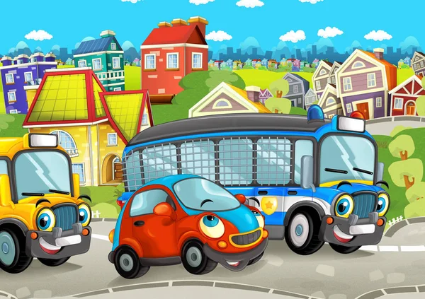 Scena Kreskówki Happy Cars Ulicy Jazdy Przez Miasto Ilustracja Dla — Zdjęcie stockowe