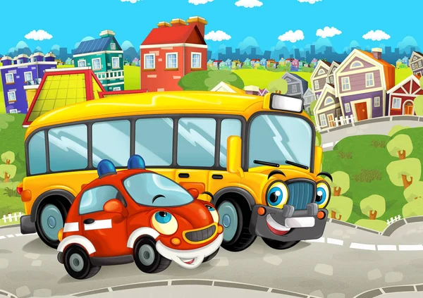 Escena Dibujos Animados Con Vehículos Felices Calle Conduciendo Por Ciudad — Foto de Stock