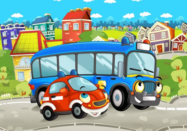Zeichentrickszene Mit Fröhlichen Autos Auf Der Straße Die Durch Die — Stockfoto