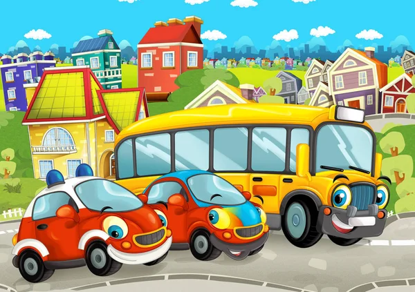 Cartoon Scene Happy Vehicles Street Driving City Illustration Children — Stock Photo, Image