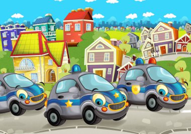 sokak üzerinde mutlu araba ile karikatür sahne şehir-çocuklar için illüstrasyon sürüş