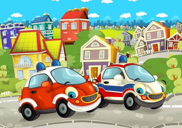街を走る路上で幸せな車と漫画のシーン 子供のためのイラスト — ストック写真