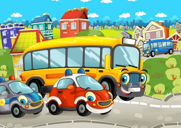 Scena Kreskówki Happy Cars Ulicy Jazdy Przez Miasto Ilustracja Dla — Zdjęcie stockowe