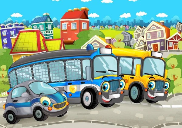 Scena Kreskówki Happy Cars Ulicy Jazdy Przez Miasto Ilustracja Dla — Zdjęcie stockowe