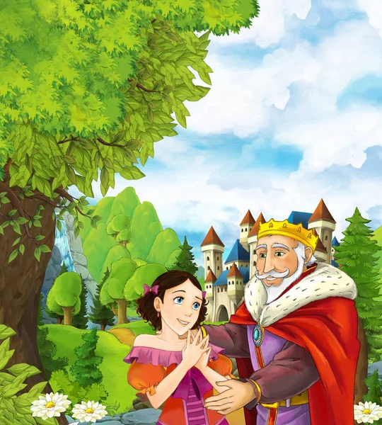 Scena Kreskówka Piękny Ślub Pary Księcia Księżniczki Lesie Pobliżu Zamku — Zdjęcie stockowe