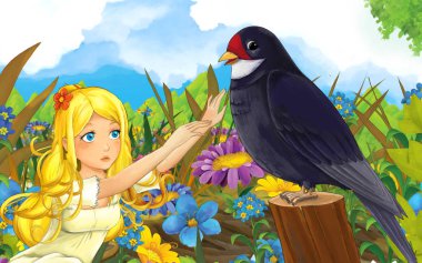 çayırda genç güzel kız ve guguk kuşu ile karikatür sahnesi - çocuklar için illüstrasyon