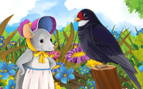 牧草地に幸せな動物と漫画のシーン マウスとカッコウの鳥 子供のためのイラスト — ストック写真