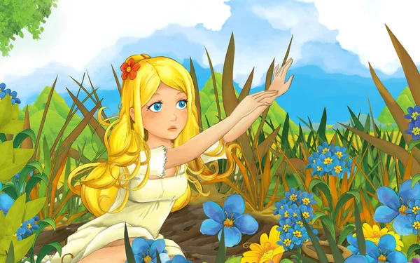 Scène Dessin Animé Avec Jeune Belle Fille Sur Prairie Illustration — Photo