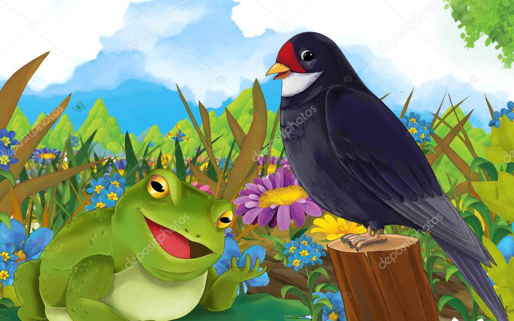 cartoon scene with happy frog on the meadow talking to cuckoo bird - with coloring page - creative illustration for children