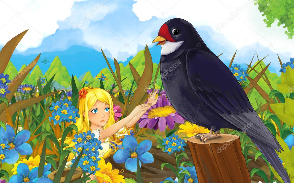 cartoon scene with young beautiful girl and flying cuckoo bird on the meadow - illustration for children