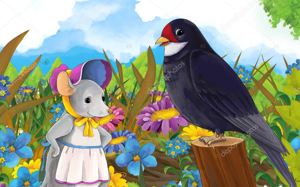 cartoon scene with happy animals on the meadow - mouse and cuckoo bird - illustration for children