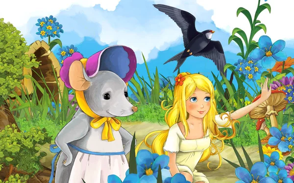 아름다운 소녀와 마우스가 초원에서 이야기와 어린이를위한 — 스톡 사진