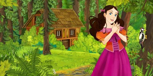 Cartoon Scene Happy Young Girl Forest Encountering Hidden Wooden House — Stock Photo, Image