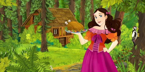 Cena Dos Desenhos Animados Com Menina Feliz Floresta Encontrando Casa — Fotografia de Stock