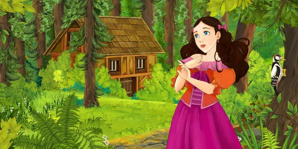 卡通场景与快乐的年轻女孩在森林遇到隐藏的木房子 儿童插图 — 图库照片