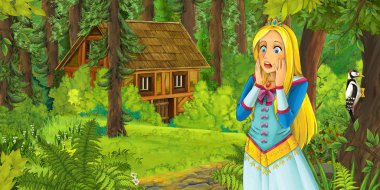 mutlu genç kız ormanda gizli ahşap ev - illüstrasyon çocuklar için karşılaşma ile çizgi film sahne