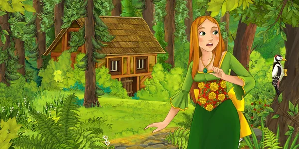 Cartoon Scene Happy Young Girl Forest Encountering Hidden Wooden House — Stock Photo, Image