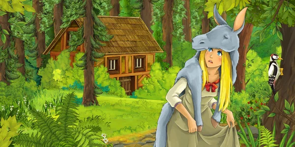 Cartoon Scen Med Glad Ung Flicka Skogen Stöter Dolda Trähus — Stockfoto