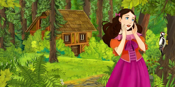 Cartoon Scene Happy Young Girl Forest Encountering Hidden Wooden House — Stock Photo, Image