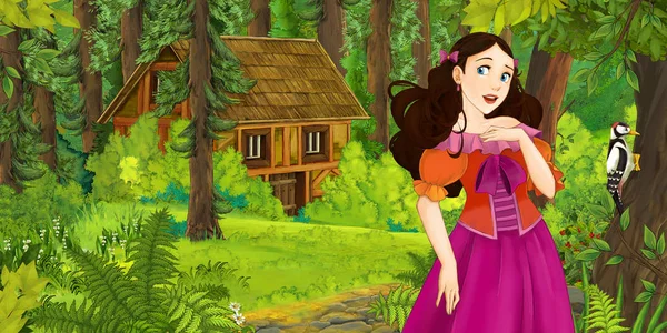 隠された木造住宅 子供のための図が発生したフォレストに幸せな若い女の子の漫画シーン — ストック写真