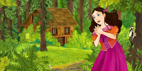 Cartoon Scene Happy Young Girl Forest Encountering Hidden Wooden House — Stock Photo, Image