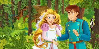 çizgi film sahne bazı gizli ahşap ev - çocuklar için illüstrasyon yakınındaki ormanda Kraliyet çift ile