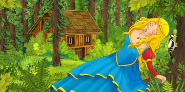 mutlu genç kız ormanda gizli ahşap ev - illüstrasyon çocuklar için karşılaşma ile çizgi film sahne