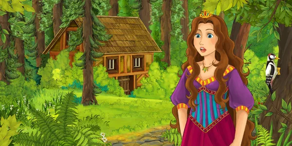 Scène Dessin Animé Avec Une Jeune Fille Heureuse Dans Forêt — Photo