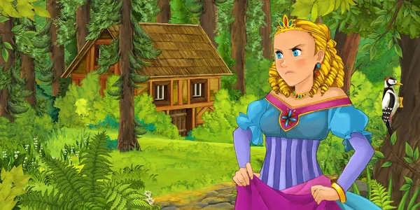 Zeichentrickszene Mit Glücklichem Jungen Mädchen Wald Das Auf Verstecktes Holzhaus — Stockfoto