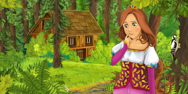 Cartoon Scene Happy Young Girl Forest Encountering Hidden Wooden House — Stock Photo, Image