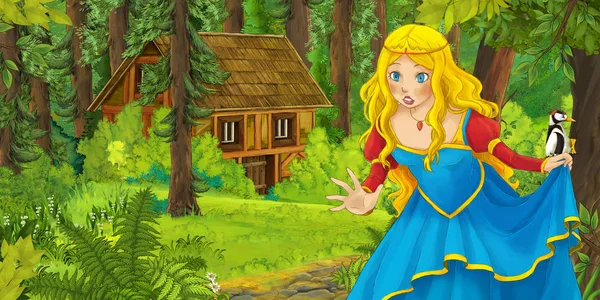 Cartoon Scen Med Glad Ung Flicka Skogen Stöter Dolda Trähus — Stockfoto