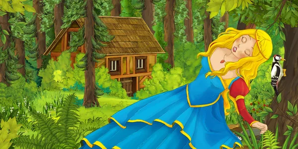 卡通场景与快乐的年轻女孩在森林遇到隐藏的木房子 儿童插图 — 图库照片