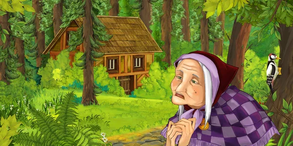 Мультяшная Сцена Пожилой Женщиной Лесу Возле Скрытого Деревянного Дома Иллюстрация — стоковое фото