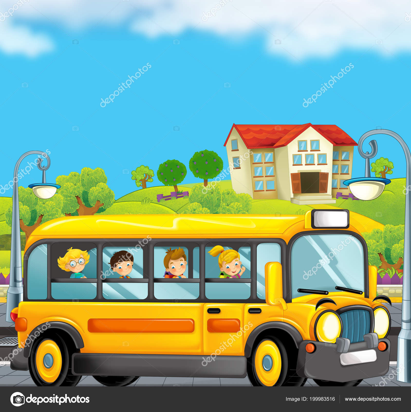 Cartoon Scene Kids School Bus Trip City Illustration Children Stock Photo  by ©illustrator_hft 199983516