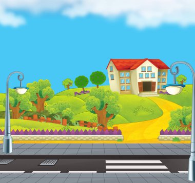 okul binası yakınındaki sokağı - güzel bir gün - illüstrasyon çocuklar için çizgi film sahne