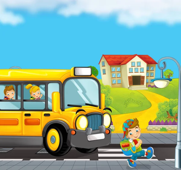 Cena Dos Desenhos Animados Com Ônibus Escolar Levando Crianças Para — Fotografia de Stock