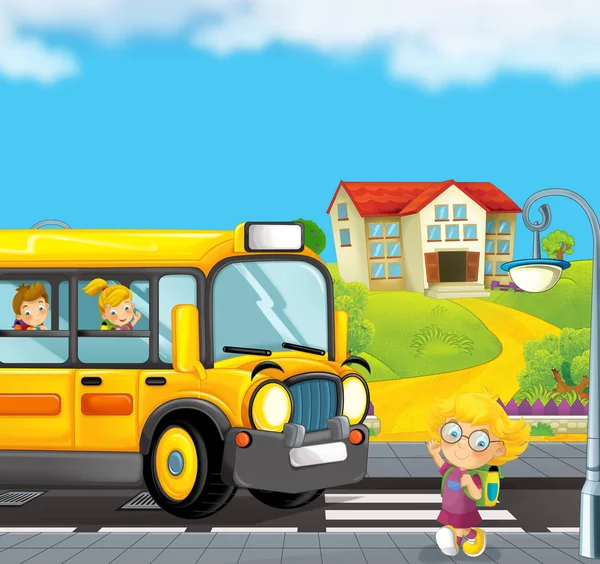 Scène Dessin Animé Avec Autobus Scolaire Emmenant Des Enfants École — Photo
