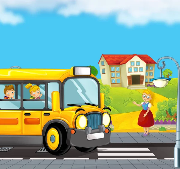 Scène Dessin Animé Avec Autobus Scolaire Emmenant Les Enfants École — Photo