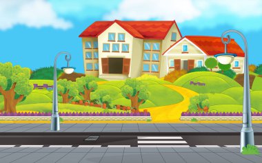 okul binası yakınındaki sokağı - güzel bir gün - illüstrasyon çocuklar için çizgi film sahne