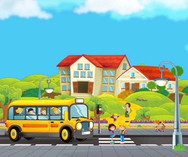 卡通场景与校车带孩子上学和老师在大楼附近等候 为孩子们的例证 — 图库照片