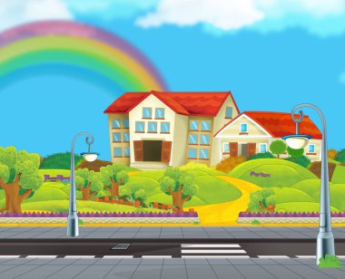 okul binası yakınındaki sokağı - güzel bir gün - illüstrasyon çocuklar için çizgi film sahne