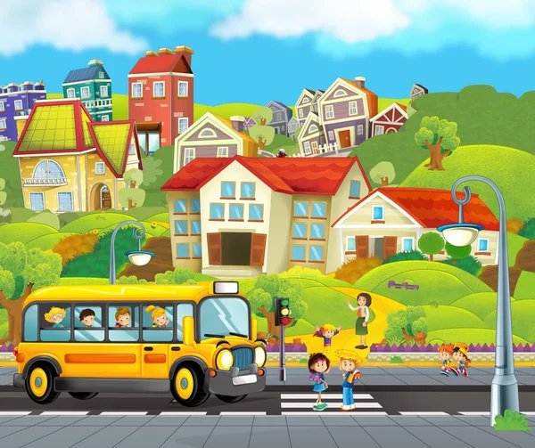 Cartoon Scene School Bus Taking Kids School Teacher Waiting Building — Stock Photo, Image