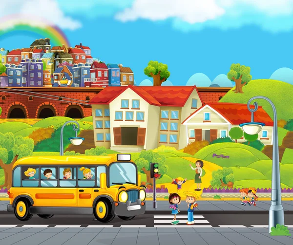 Cartoon Scen Med Skolbuss Barnen Till Skolan Och Läraren Väntar — Stockfoto