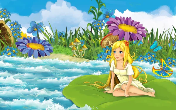 Cartoon Scene Beautiful Tiny Elf Girl Big Leaf Sailing Stream — Stock Photo, Image