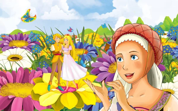 cartoon fairy tale scene with couple of loving elfs - illustration for children