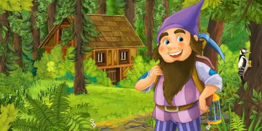 ahşap ev - çocuklar için illüstrasyon yakınındaki ormanda mutlu cüce ile çizgi film sahne 
