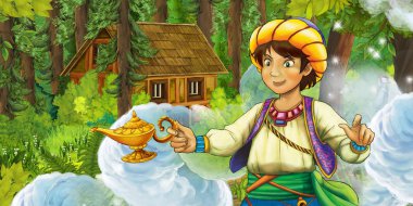 çizgi film sahne seyahat ve orman - illüstrasyon çocuklar için gizli ahşap evde karşılaşma Prens ile